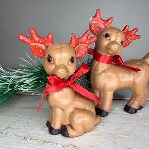 Vtg Christmas Reindeer Ceramic Kimple Mold Figurines Hand Painted SET OF 2 1980s